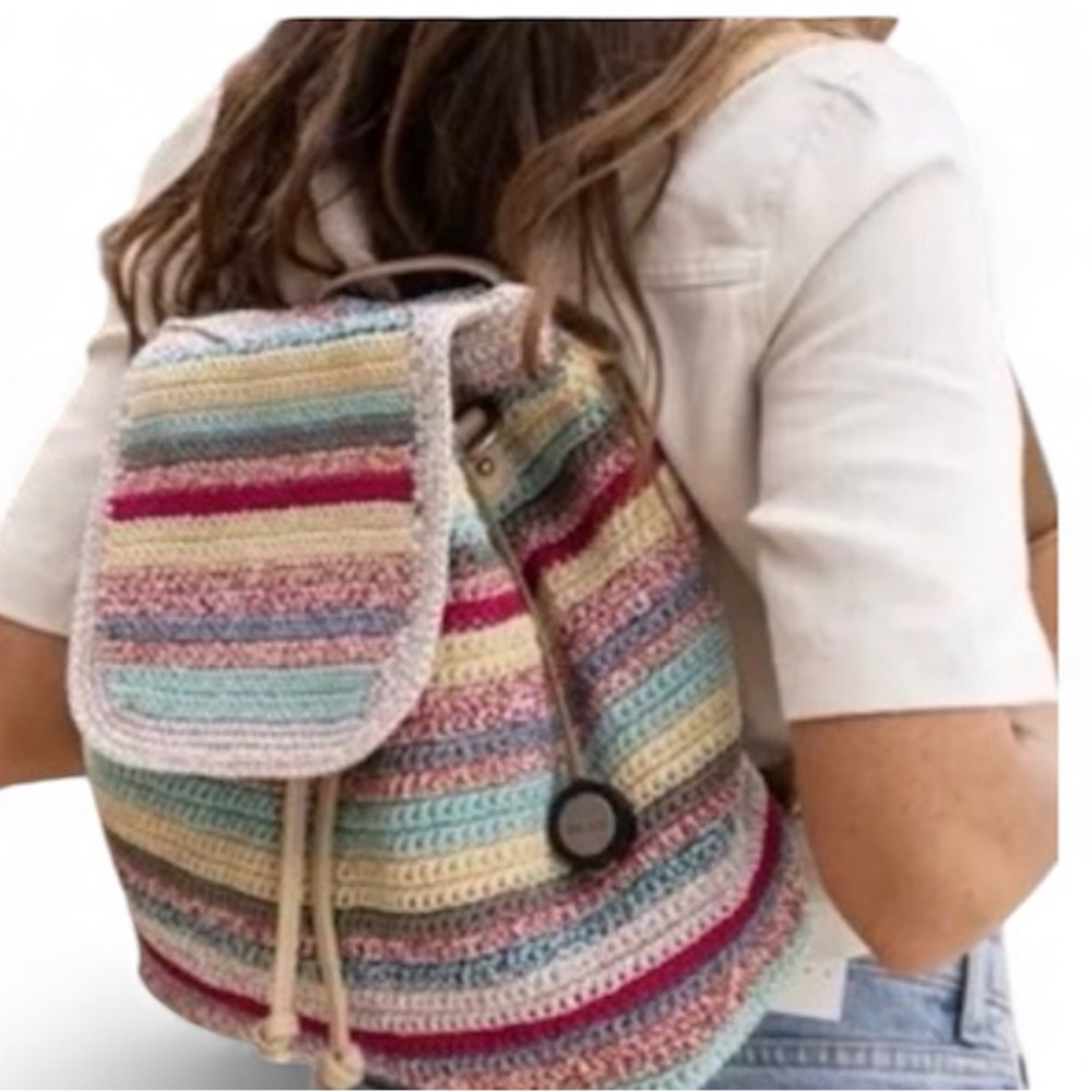 The SAK Sayulita Eden Stripe Crochet Backpack with Adjustable Straps